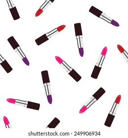 Seamless pattern with red, pink and purple  lipstick vector isolated on white