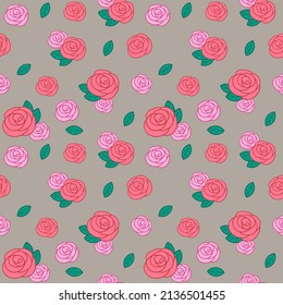 seamless pattern of red and pink rose flower on grey background 