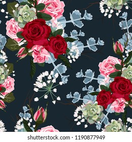 Seamless pattern with red pink roses and succulent, vector illustration. Perfect for background greeting cards and invitations of the wedding, birthday, Valentine's Day, Mother's Day. Dark background.
