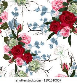 Seamless pattern with red pink roses and succulent, vector illustration. Perfect for background greeting cards and invitations of the wedding, birthday, Valentine's Day, Mother's Day. White backdrop.