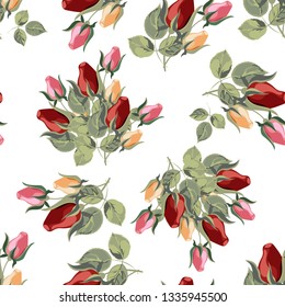 Seamless pattern with red and pink roses. Vintage floral background. Vector illustration.