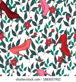 Seamless pattern of red, pink shoes in the grass. Vector illustration.