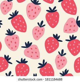 Seamless pattern of red and pink strawberries on a beige background.