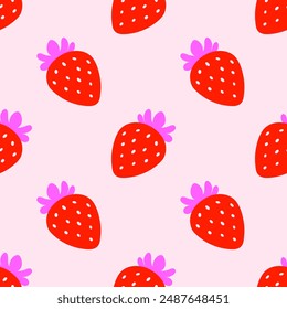 Seamless pattern with red pink strawberries on a beige background. Girly background. Repeating print for fabric, wrapping paper, textile