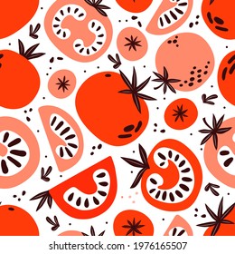 Seamless Pattern of red and pink tomatoes. Slice, half, whole tomato on white background. Healthy vegetables vector texture. Vegan, farm, organic, detox. Hand drawn illustration in trendy simple style