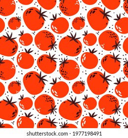 Seamless Pattern of red and pink tomatoes. Ripe vegetables on a white background. Vegetarian healthy food vector texture. Vegan, farm, organic, detox. Hand drawn illustration in a trendy simple style