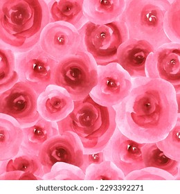Seamless pattern with red, pink watercolor roses. Endless design for wallpaper, fabric, backdrop.