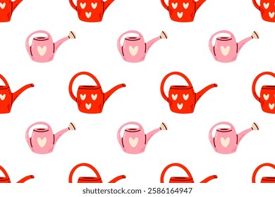 Seamless pattern of red and pink watering cans. Hand-drawn vector background for gardening, textiles, and nature-themed designs.