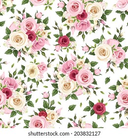 Seamless pattern with red, pink and white roses on a white background. Vector illustration.