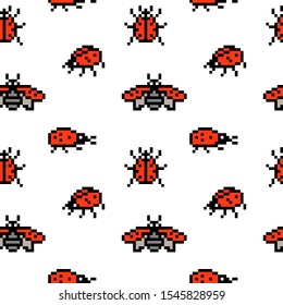Seamless pattern with red pixel art ladybugs isolated on white background. 8 bit wildlife bug insect print. Ladybird wallpaper. Old school vintage retro slot machine/video game graphics.