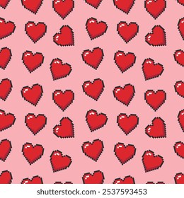 Seamless pattern with red pixel hearts on a pink background. Pattern for Valentine's Day. Symbol of love. Vector