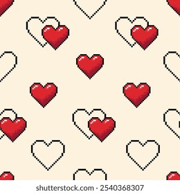 Seamless pattern with red pixel icons hearts on beige background, 8 bit, retro, pixel art. Vector