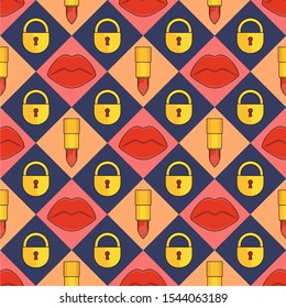 Seamless pattern with red plump sexy female lips, lipstick and lock. Fashion background for accessories. Beauty and cosmetics. Print for bags, scarves, clothes, fabrics.