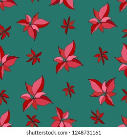 Seamless pattern with red poinsettia on green background. Merry christmas seamless pattern. Handrawn. vector