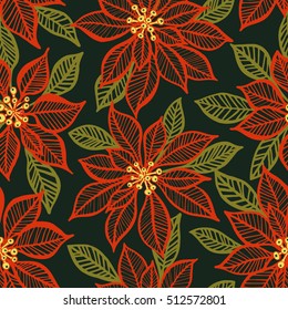 Seamless Pattern With Red Poinsettia Plant On Dark Green Background