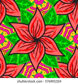 Seamless pattern with red poinsettia plant on dark green background