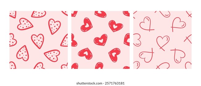 Seamless pattern with red polka dots and outlined hearts in doodle style