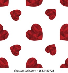 Seamless pattern with red polygonal hearts on the white background. Luxury elegant ornament for celebration cards, banners, invitation, scrapbook, wrapping paper, packet. Vector romantic pattern