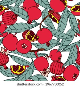 seamless pattern of red pomegranates with leaves, decorative floral ornament, color vector illustration with contour lines isolated on a white background in cartoon and hand drawn style