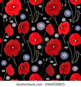 seamless pattern with red poppies and blue cornflowers on black background