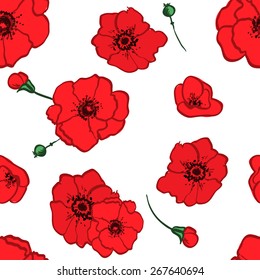 seamless pattern red poppies branch decorative vector illustration