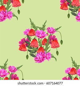 Seamless pattern with red poppies and cute pink flowers. Vintage floral background for textile, cover, wallpaper, gift packaging, printing.Romantic design for calico, silk, home textiles.