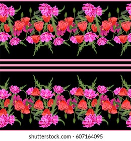 Seamless pattern with red poppies and cute pink flowers. Vintage floral background for textile, cover, wallpaper, gift packaging, printing.Romantic design for calico, silk, home textiles.