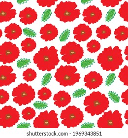 Patrón sin foco con adornos rojos, flores y capullos verdes. Ilustración vectorial dibujada a mano. Planta botánica sobre fondo blanco. Envoltura, impresión o textura de tela