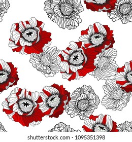 Seamless pattern with red poppies in graphic style for textile design. Vector illustration.