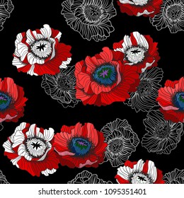 Seamless pattern with red poppies in graphic style for textile design. Vector illustration.