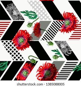 Seamless pattern with red poppies and graphic elements with dots and lines.