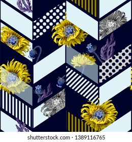 Seamless pattern with red poppies and graphic elements with dots and lines. Vector.