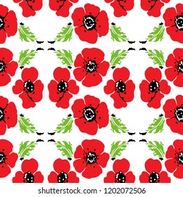 Seamless pattern of red poppies with green leaves on a white background. Vector illustration.