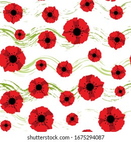 Seamless pattern red poppies and grunge green waves isolated on white background. Perfect fit for design cover, textile, fabric, wallpaper, wrapping, card. Vector Illustration