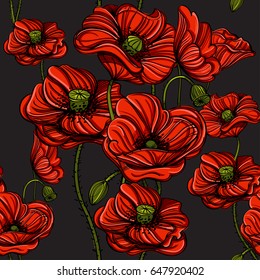 Seamless pattern with red poppies. Hand-drawn floral background for wallpaper, wrapping paper, pattern fills, gift packaging, printing.