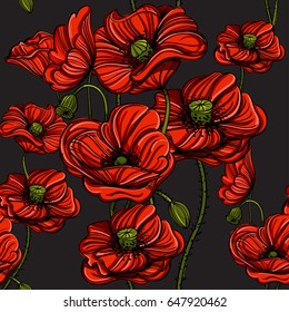 Seamless pattern with red poppies. Hand-drawn floral background for wallpaper, wrapping paper, pattern fills, gift packaging, printing.