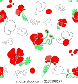 Seamless pattern of red poppies and hearts in doodle style. Stock vector illustration isolated on white background.