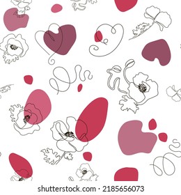 Patrón sin fisuras de espías rojas y corazones en una sola línea y estilo garabato. Ilustración vectorial de material aislada en fondo blanco.