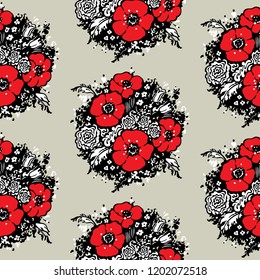 Seamless pattern of Red Poppies, herbs and wildflowers. Vector illustration.