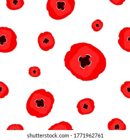 Seamless pattern red poppies isolated on white backdrop. Simply girly floral print. Drawn summer bloom for wallpaper or fabric textile. Big and small garden flowers ornament, vector design eps 10