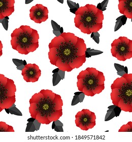 Seamless pattern red poppies isolated on white. Remembrance day lest we forget. Anzac day. Red poppy flower international symbol of peace. Great for design posters, banner, header for website. Vector