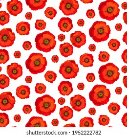 Seamless pattern red poppies isolated on white background. Bright flowers poppies perfect fit for design cover, textile, fabric, wallpaper, wrapping, card. Vector Illustration