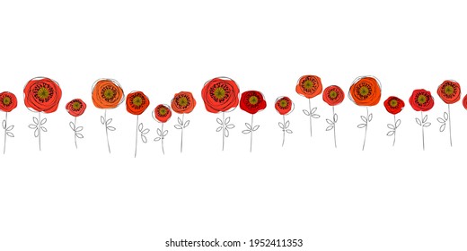  Seamless pattern red poppies isolated on white background. Bright flowers poppies perfect fit for design cover, textile, fabric, wallpaper, wrapping, card. Vector Illustration