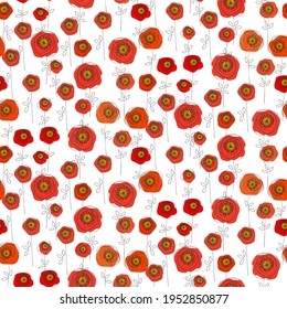 Seamless pattern red poppies isolated on white background. Bright flowers poppies perfect fit for design cover, textile, fabric, wallpaper, wrapping, card. Vector Illustration