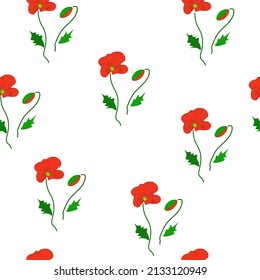 Seamless pattern red poppies isolated on white backdrop. Simply girly floral print. Drawn summer bloom for wallpaper or fabric textile. Garden flowers ornament, vector design eps 10