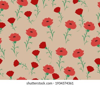 A seamless pattern of red poppies with leaves on a beige background. Vector illustration