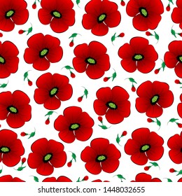 Seamless pattern red poppies on a white background. Vector illustration.