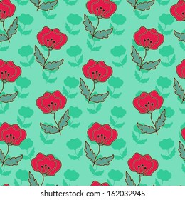Seamless pattern with red poppies on green background