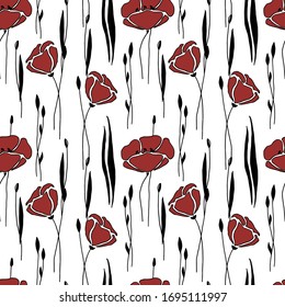 Seamless pattern with red poppies on a white background. Hand pattern. Vector illustration. Print for textiles, postcards, and notebook covers.