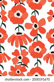 Seamless pattern of red poppies on a white background.Eps 10 vector.